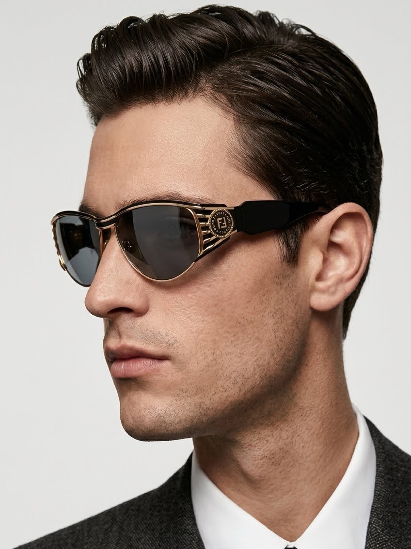Vintage 90s Fendi Fs 298 Mask Wrap Sunglasses Black Gold Shield Men's Y2k